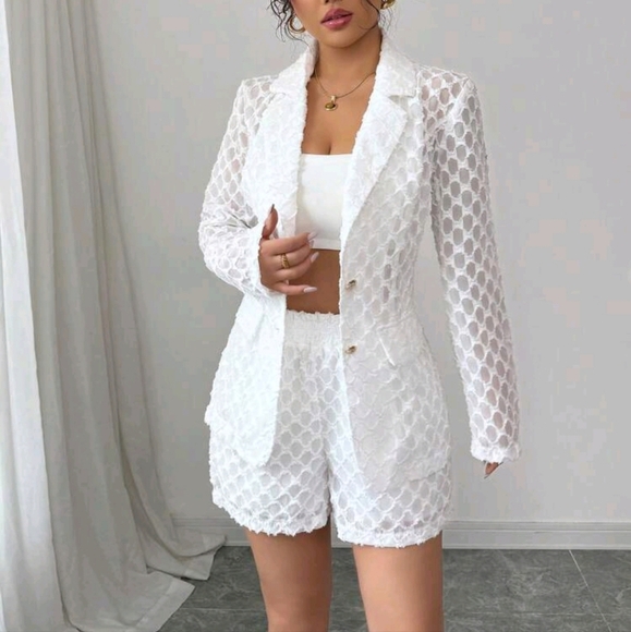 Plaid Jacquard Solid Color Casual Elegant Suit Jacket & Shorts Outfit - Picture 3 of 4